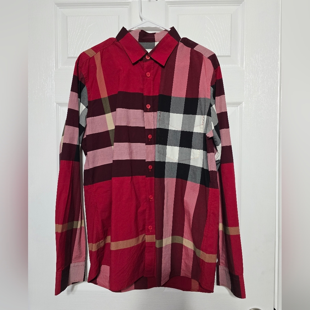 Burberry Check Stretch Cotton Poplin Shirt Red Multicolor Long Sleeve. Large - Picture 2 of 11